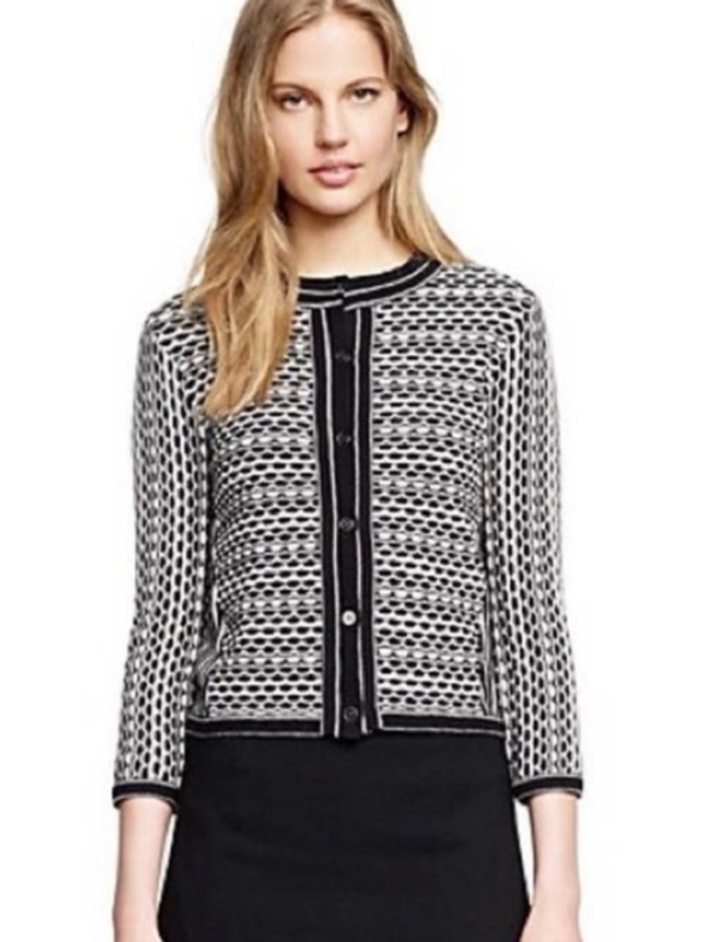 Tory Burch Black and White Button-Front Knit Cardigan
